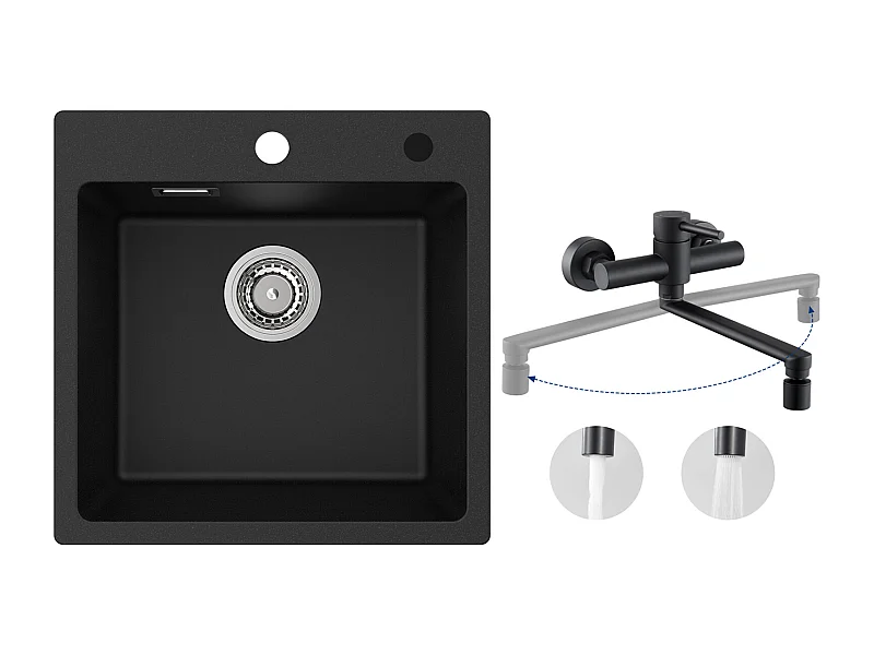 Cecipa MAX Evier 1 Bac en Quartz et Résine Noir 45x45cm Evier à Encastrer + Mitigeur de Cuisine Mural avec 2 Jets Noir