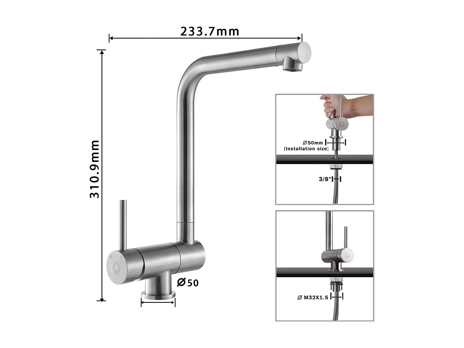 Evier 1 Bac en Quartz et Résine, 3 Options de Montage, 55*44*20cm + Mitigeur de Cuisine Rabattable Brossé