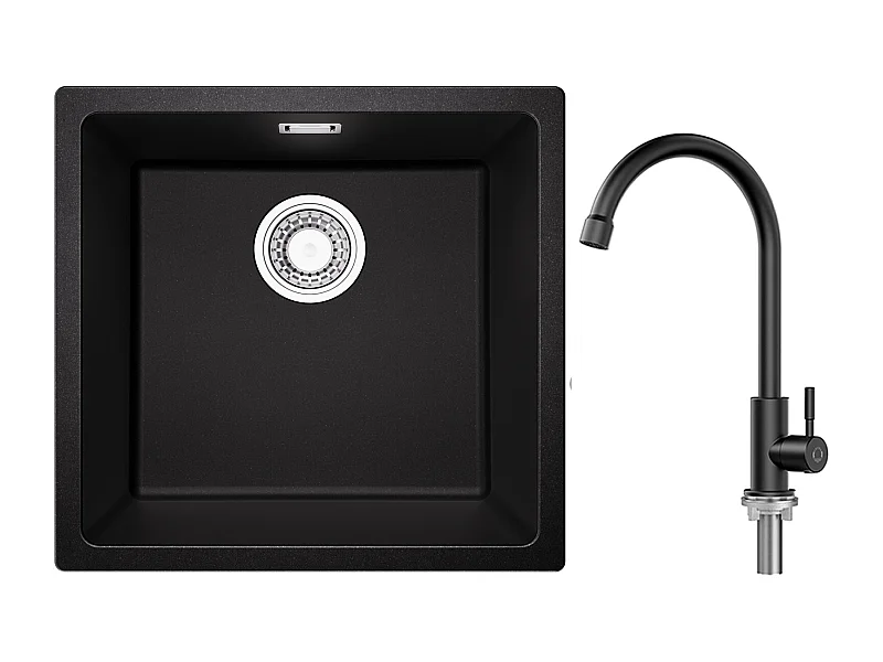 Fregadero de 1 seno de cuarzo y resina, 3 opciones de montaje, 45*44*20 cm + grifo de cocina de agua fría, negro