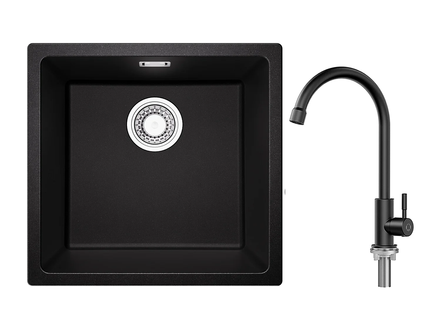 Evier 1 Bac en Quartz et Résine, 3 Options de Montage, 45*44*20cm + Robinet de Cuisine à eau Froide,Noir