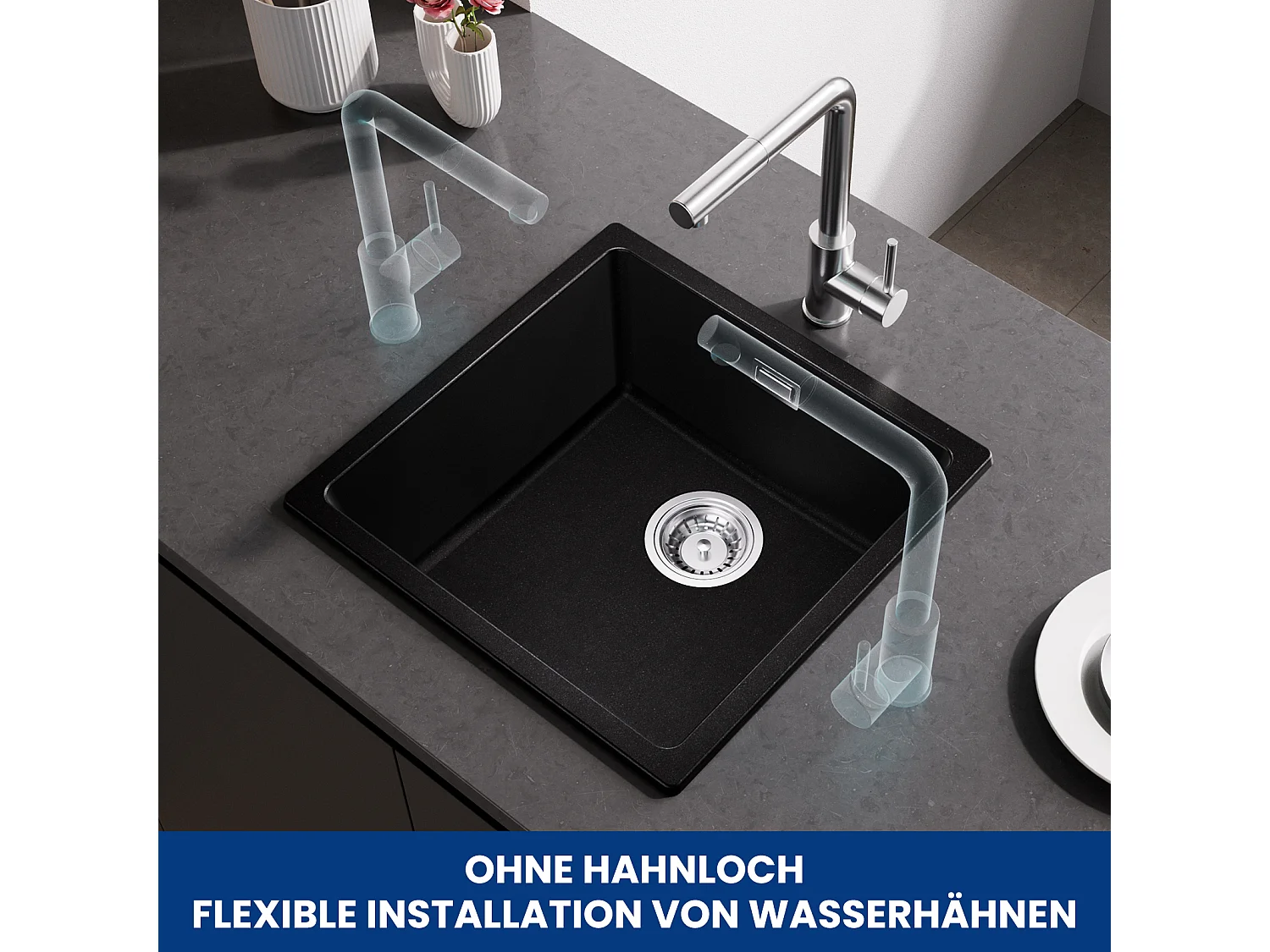 Evier 1 Bac en Quartz et Résine, 3 Options de Montage, 45*44*20cm + Robinet de Cuisine à eau Froide,Noir