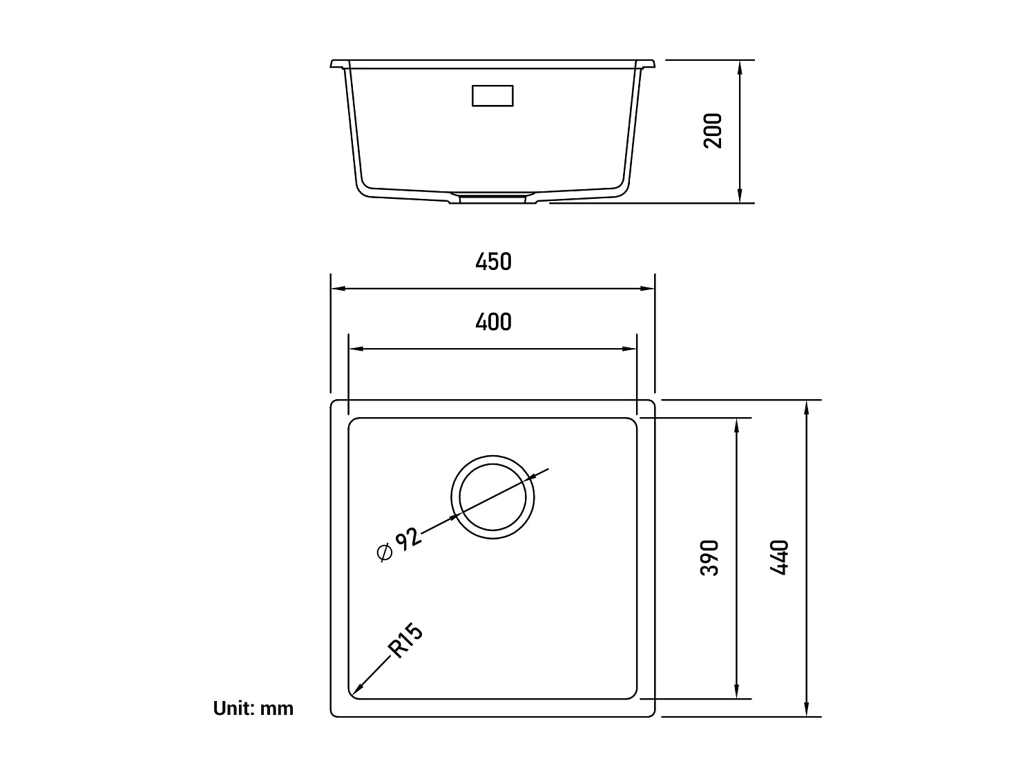 Evier 1 Bac en Quartz et Résine, 3 Options de Montage, 45*44*20cm + Robinet de Cuisine à eau Froide,Noir