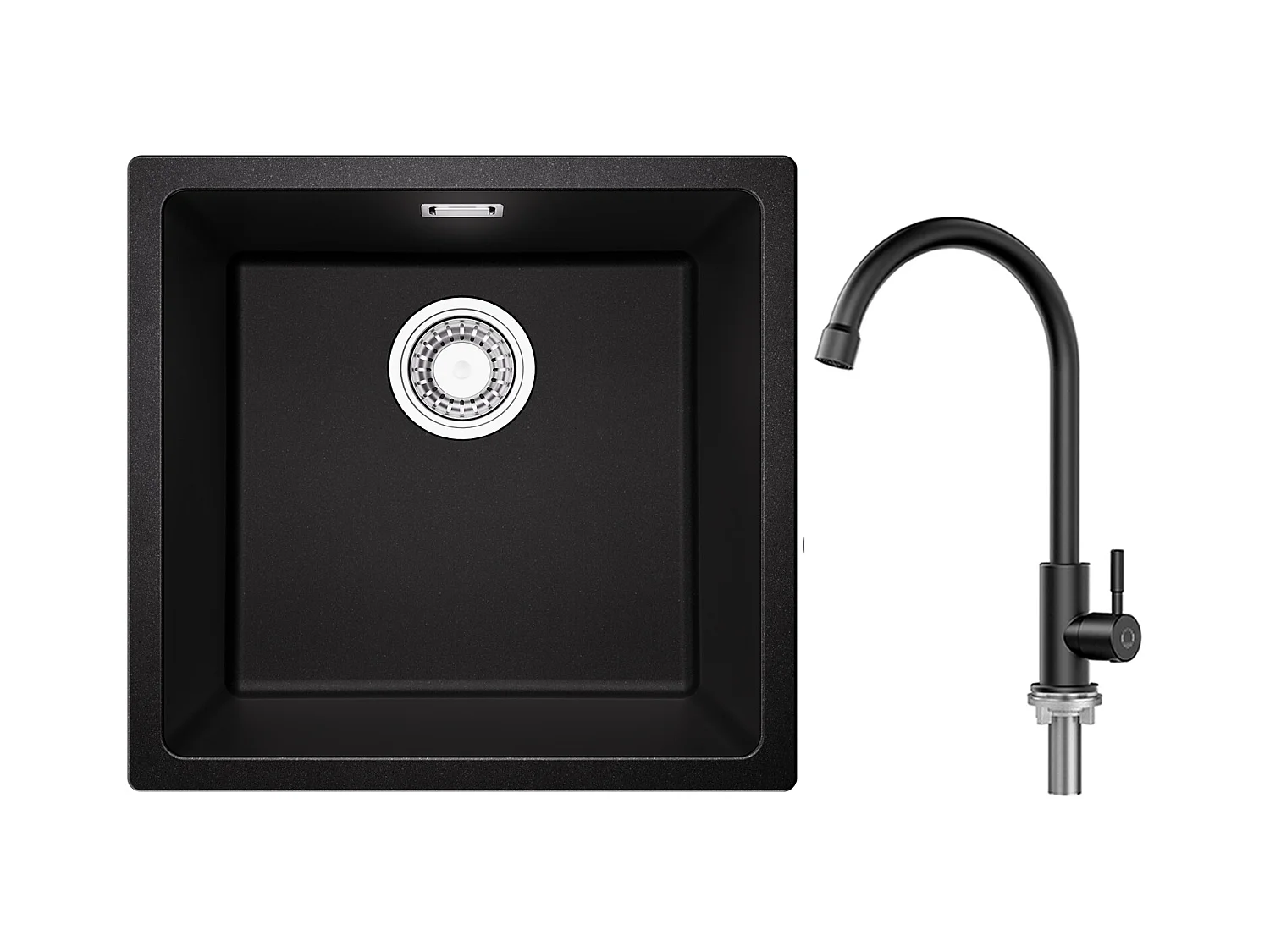 Lavello a 1 vasca in quarzo e resina, 3 opzioni di montaggio, 45*44*20 cm + rubinetto da cucina con acqua fredda, nero