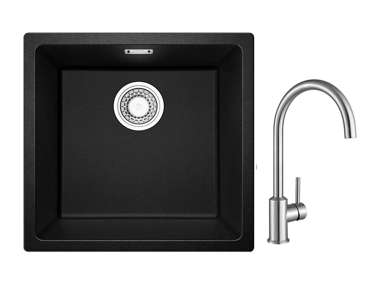 Evier 1 Bac en Quartz et Résine, 3 Options de Montage, 45*44*20cm + Mitigeur de Cuisine en Inox Brossé