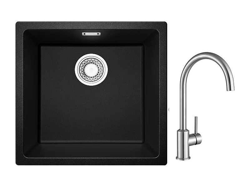 Kom Kwarts- en Harsgootsteen, 3 Montageopties, 45*44*20cm + Keukenmengkraan van geborsteld roestvrij staal