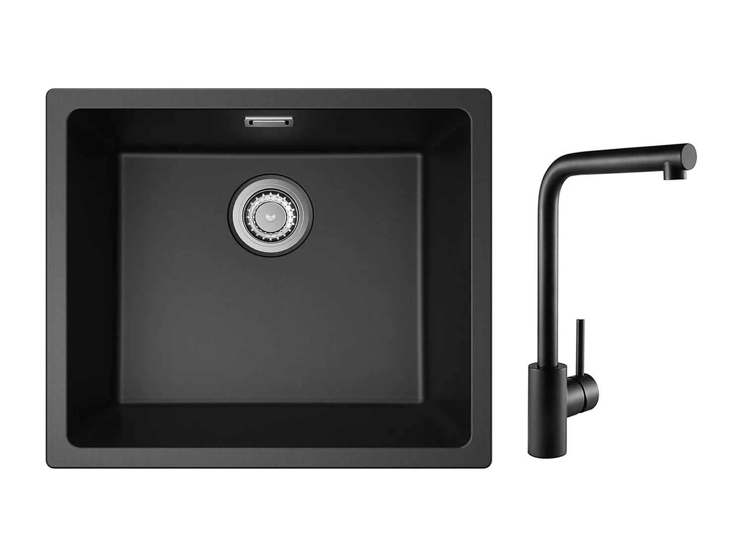 Evier 1 Bac en Quartz et Résine, 3 Options de Montage, 50*44*20cm + Mitigeur de Evier Noir Rrotatif à 360 °