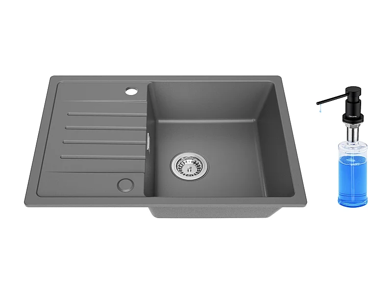 Cecipa max Evier 1 Bac avec Egouttoir Evier à encastrer Quartz et résine Gris 65x45cm + 300ML Distributeur de Savon Noir