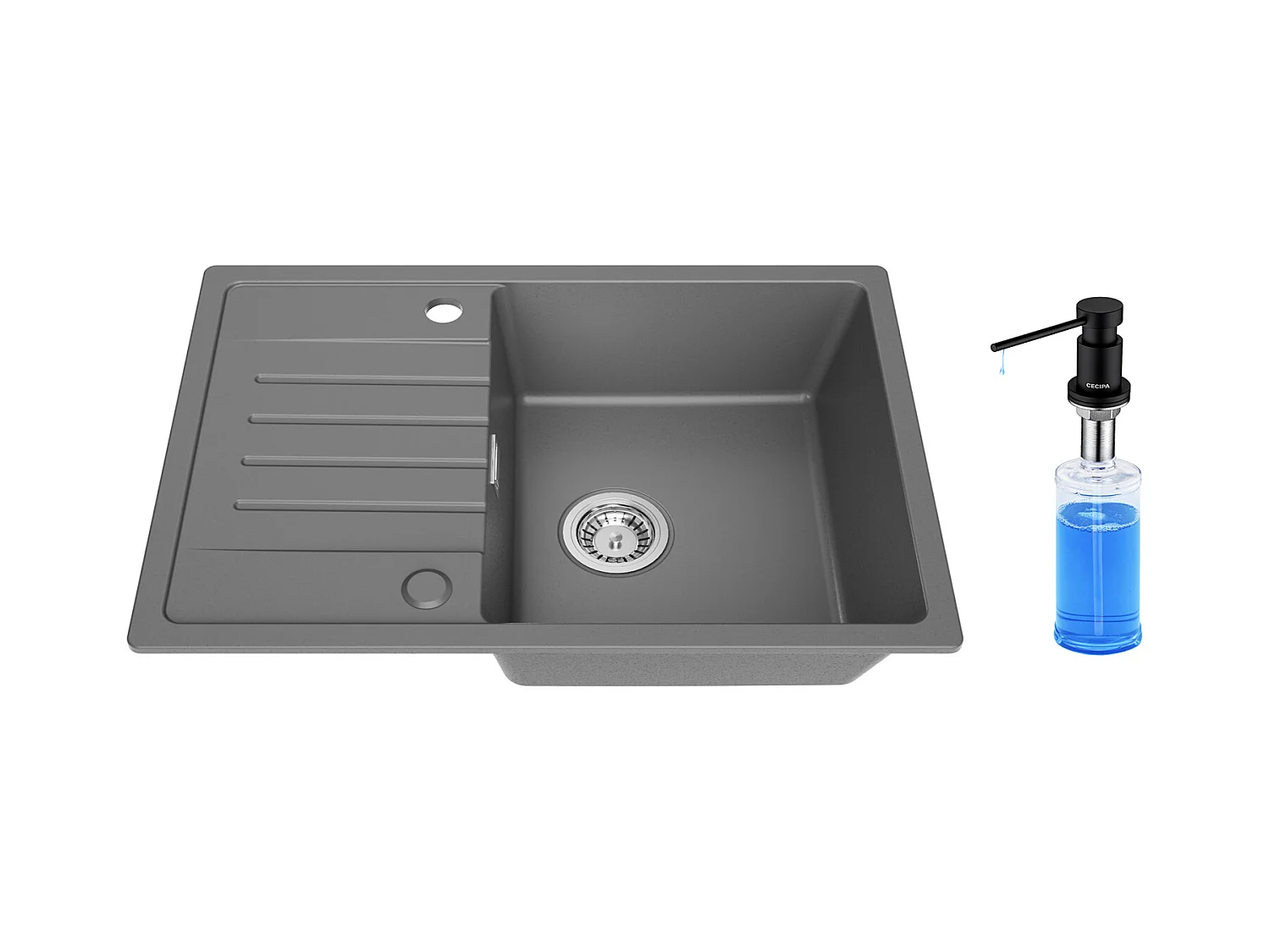 Cecipa max Evier 1 Bac avec Egouttoir Evier à encastrer Quartz et résine Gris 65x45cm + 300ML Distributeur de Savon Noir