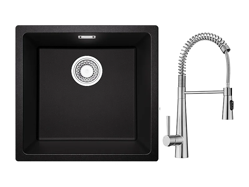 CECIPA MAX Evier 1 Bac en Quartz et Résine Noir Gris 45*44*20cm + Mitigeur de Cuisine à Ressort avec 3 Modes de Sortie D'eau, Brossé