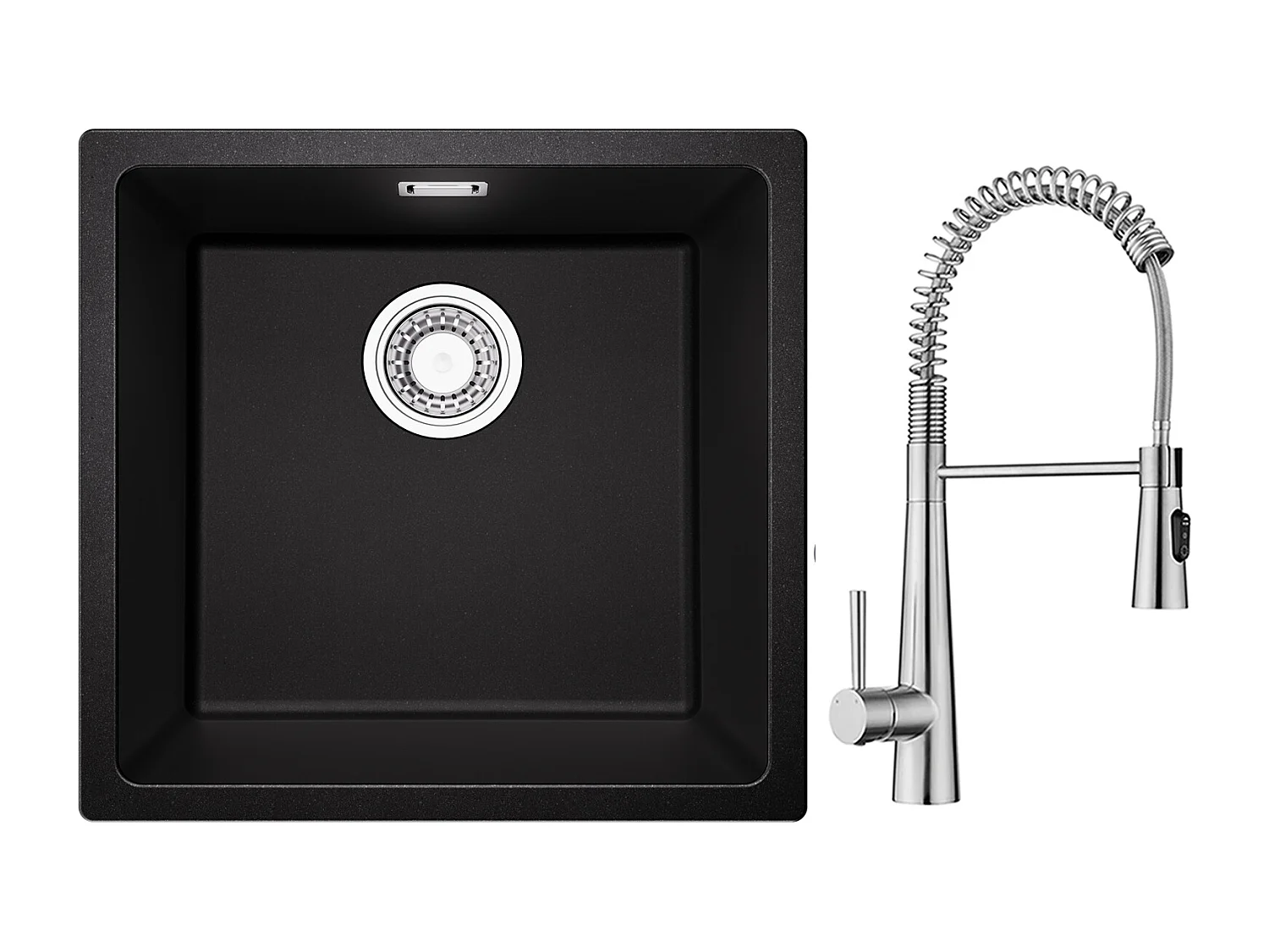 CECIPA MAX Evier 1 Bac en Quartz et Résine Noir Gris 45*44*20cm + Mitigeur de Cuisine à Ressort avec 3 Modes de Sortie D'eau, Brossé