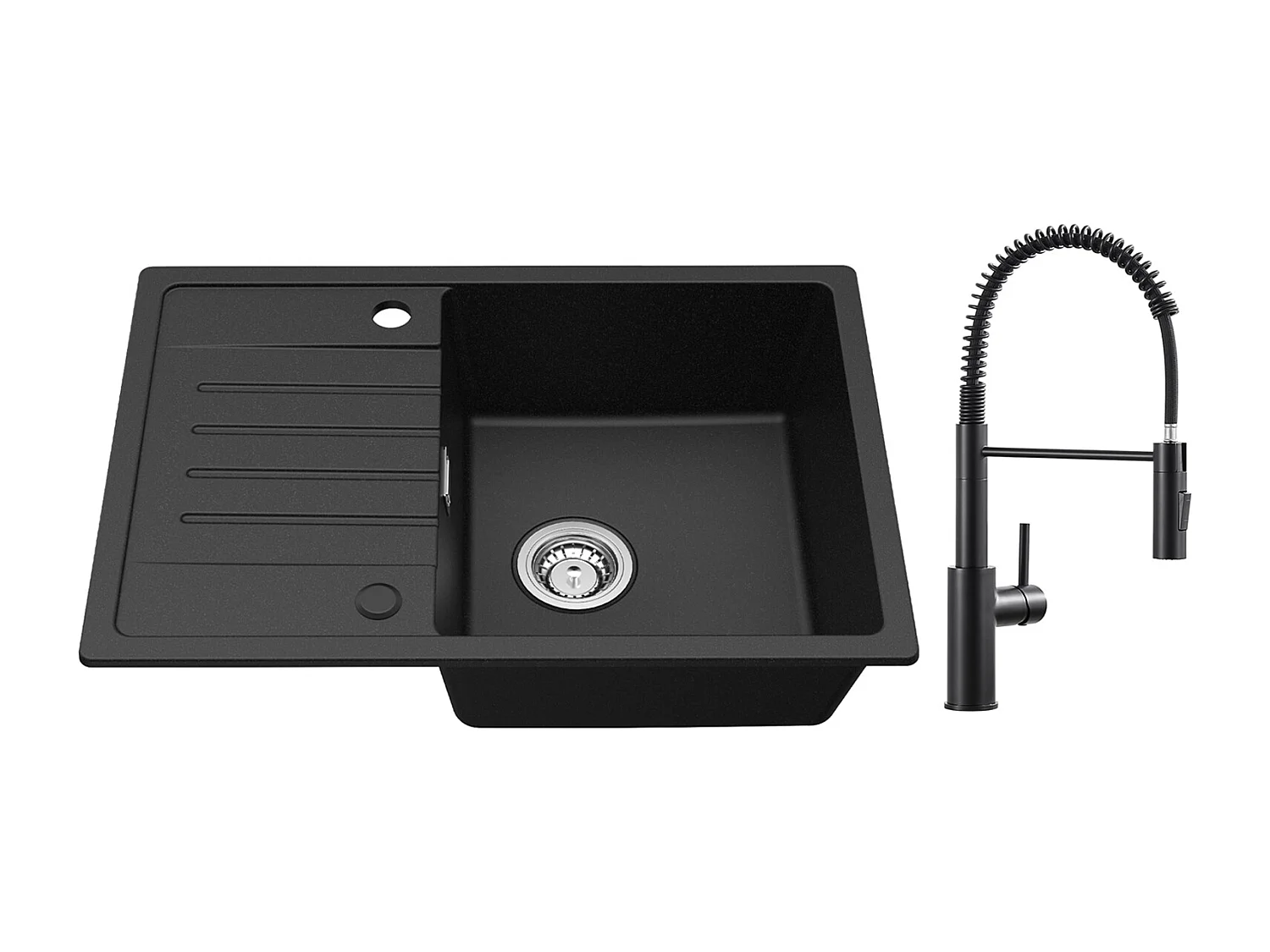 Cecipa max Evier 1 Bac avec Egouttoir Evier à encastrer Quartz et résine Noir 65x45cm + Mitigeur de Cuisine à Ressort Noir avec Douchette Extractible