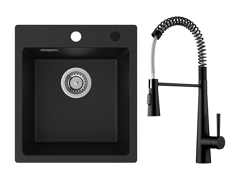 Cecipa max Lavello da Cucina in Quarzo e Resina 40x45 cm Lavello in Quarzo 1 Vasca Nero + Miscelatore Cucina a Molla con 3 Modalità di Uscita Acqua, Nero