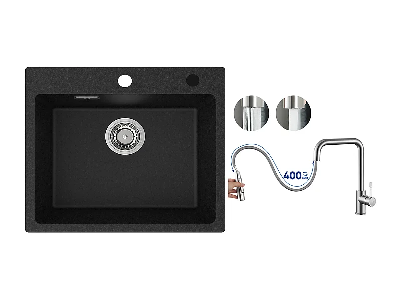 Cecipa MAX Evier 1 Bac 50x45cm Evier en Quartz et Résine Evier à Encastrer + Mitigeur avec Douchette Extractible, Brossé