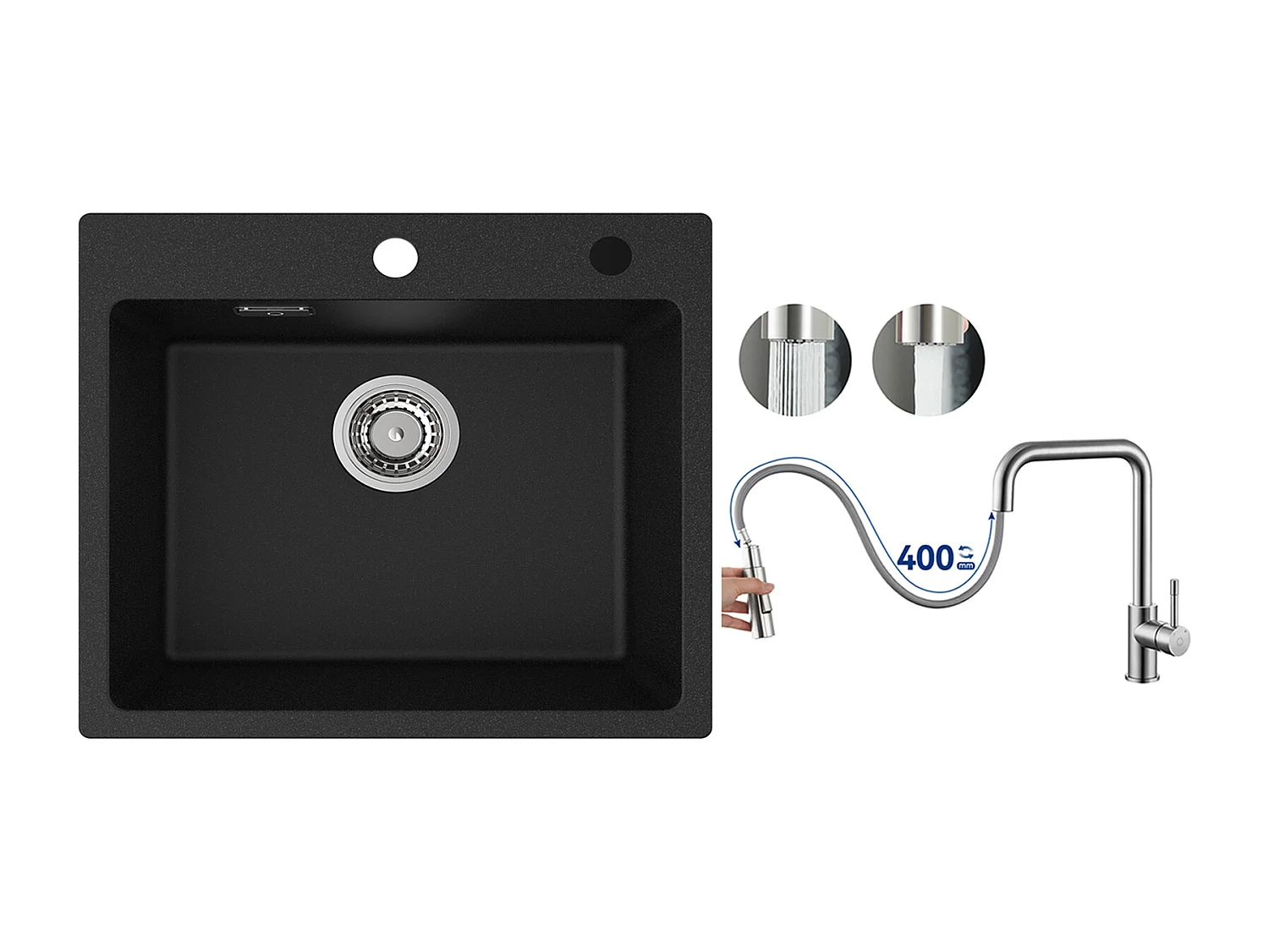 Cecipa MAX Evier 1 Bac 50x45cm Evier en Quartz et Résine Evier à Encastrer + Mitigeur avec Douchette Extractible, Brossé