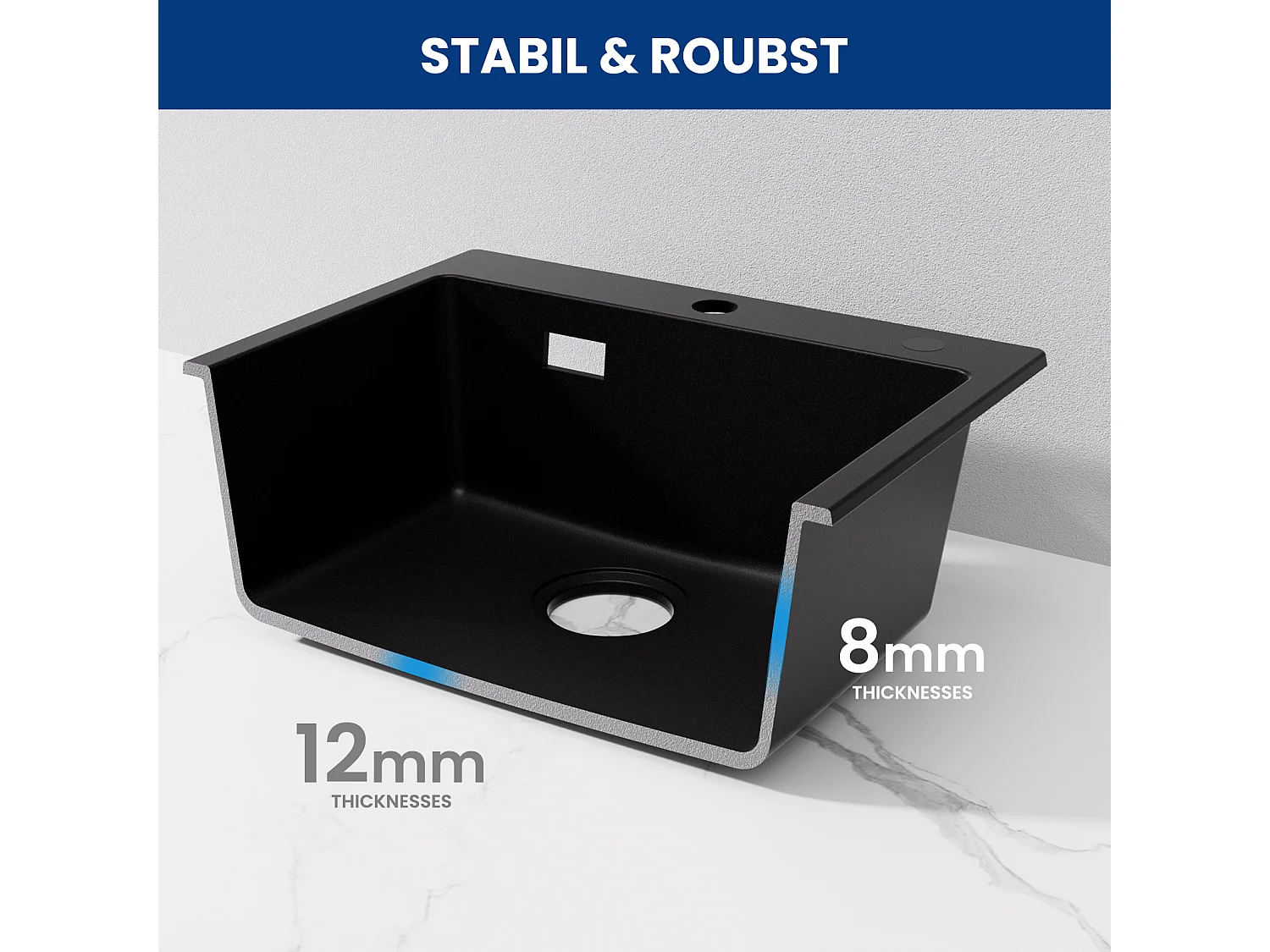 Cecipa MAX Evier 1 Bac 50x45cm Evier en Quartz et Résine Evier à Encastrer + Mitigeur avec Douchette Extractible, Brossé
