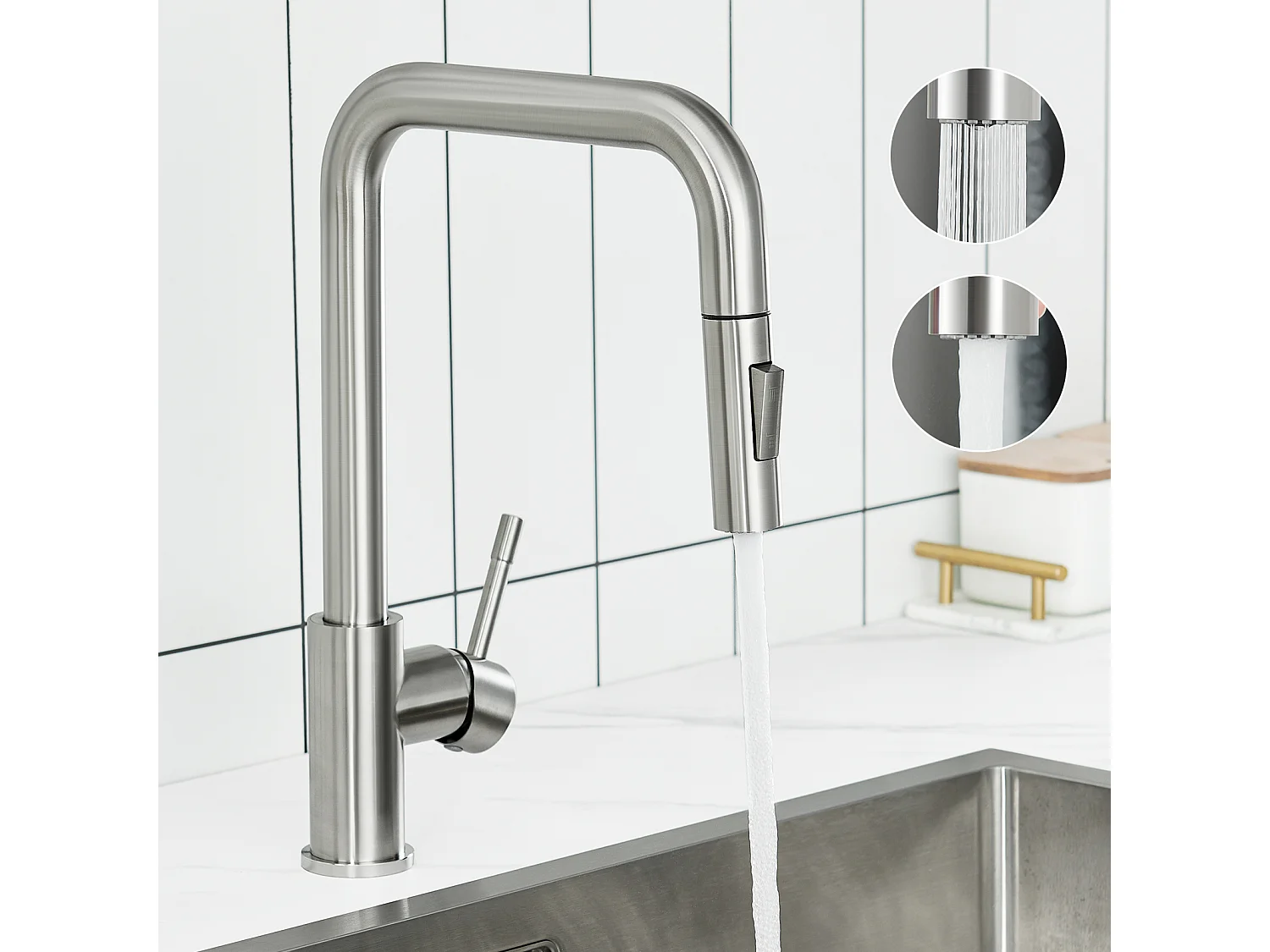 Cecipa MAX Evier 1 Bac 50x45cm Evier en Quartz et Résine Evier à Encastrer + Mitigeur avec Douchette Extractible, Brossé