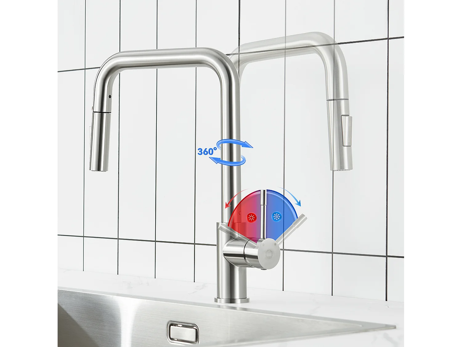 Cecipa MAX Evier 1 Bac 50x45cm Evier en Quartz et Résine Evier à Encastrer + Mitigeur avec Douchette Extractible, Brossé