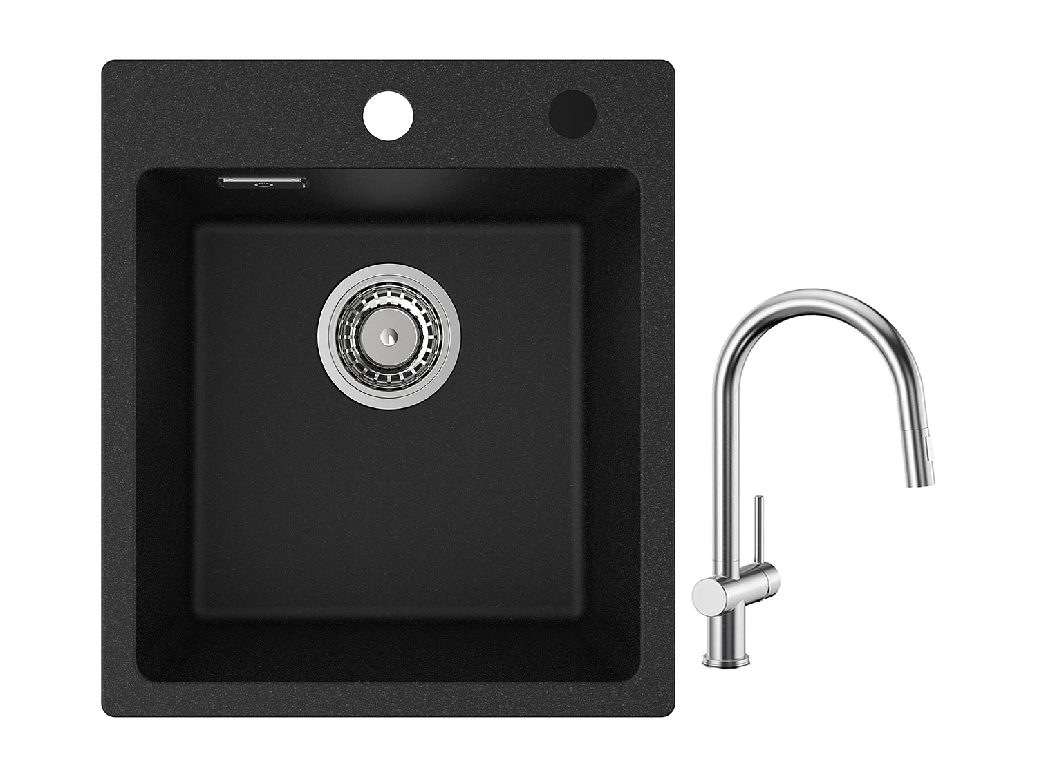 Cecipa max 40x45cm Evier de Cuisine en Quartz et Résine Evier Quartz 1 Bac Noir + Mitigeur de Cuisine avec Douchette Extractible Brossé