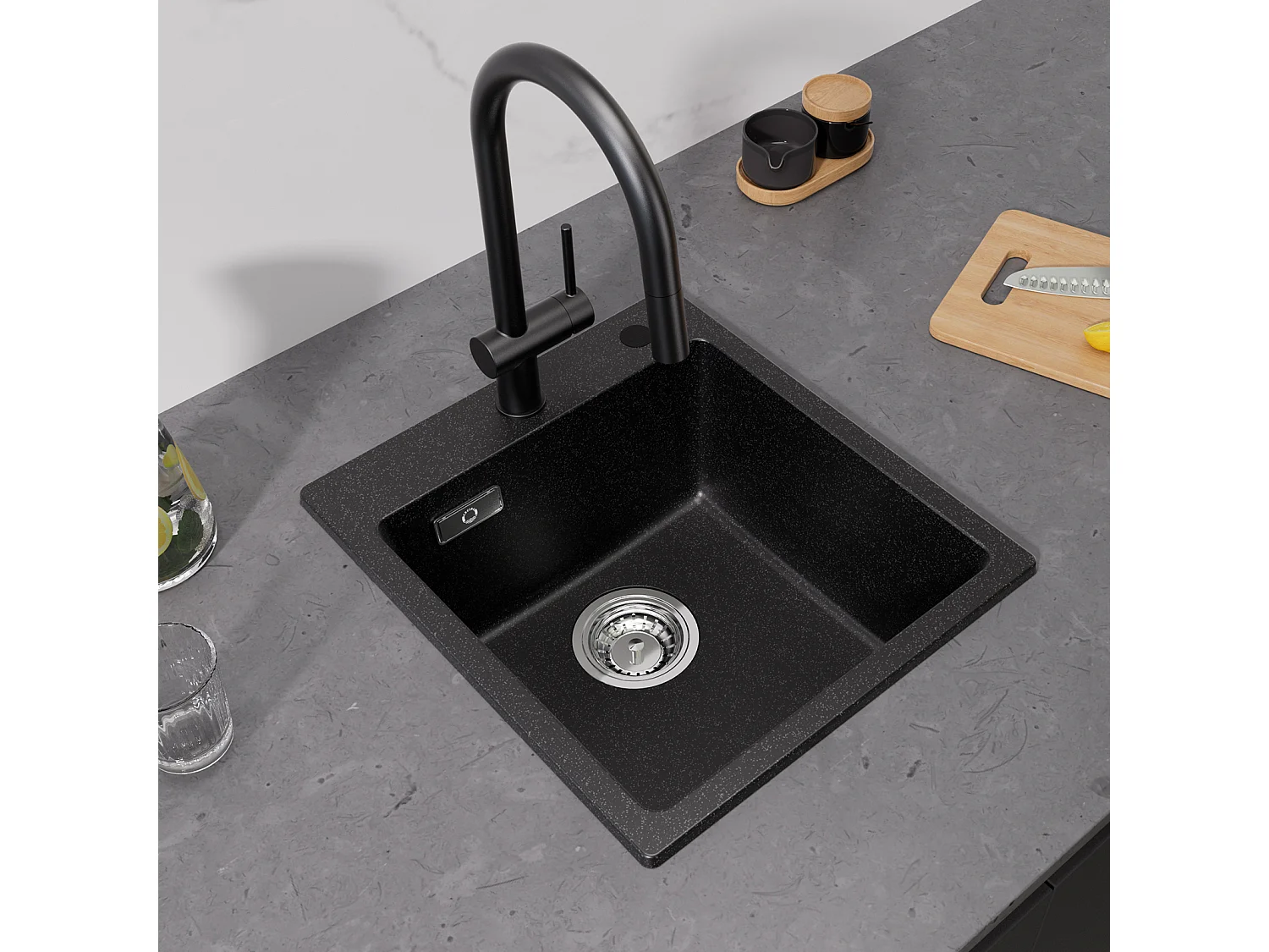 Cecipa max 40x45cm Evier de Cuisine en Quartz et Résine Evier Quartz 1 Bac Noir + Mitigeur de Cuisine avec Douchette Extractible Brossé