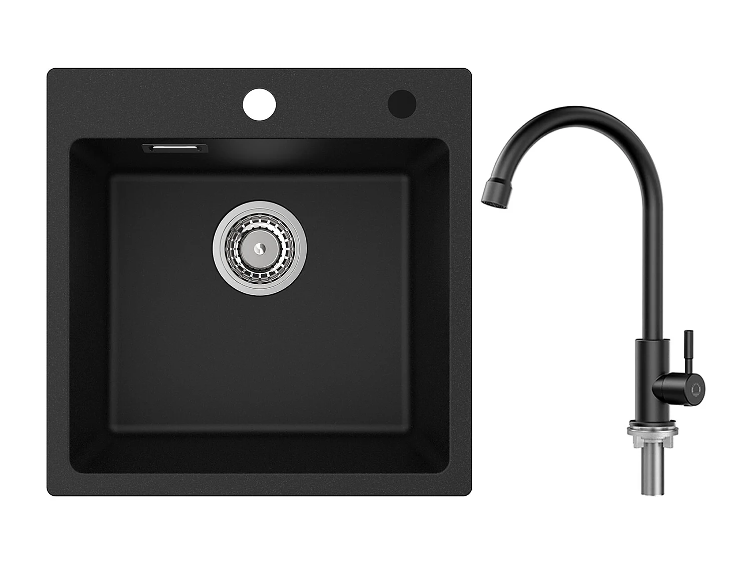 Cecipa MAX Evier 1 Bac en Quartz et Résine Noir 45x45cm Evier à Encastrer + Robinet de Cuisine à eau Froide,Noir