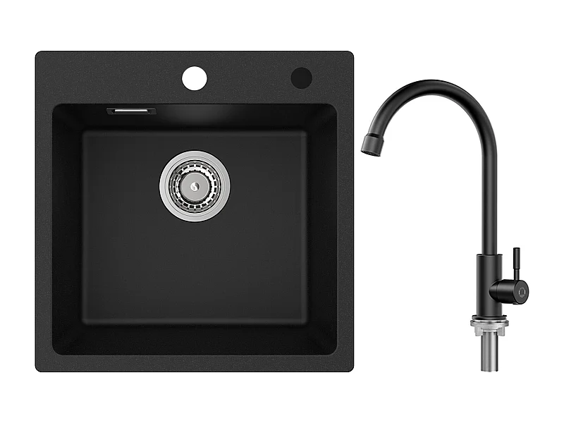 Cecipa MAX Evier 1 Bac en Quartz et Résine Noir 45x45cm Evier à Encastrer + Robinet de Cuisine à eau Froide,Noir