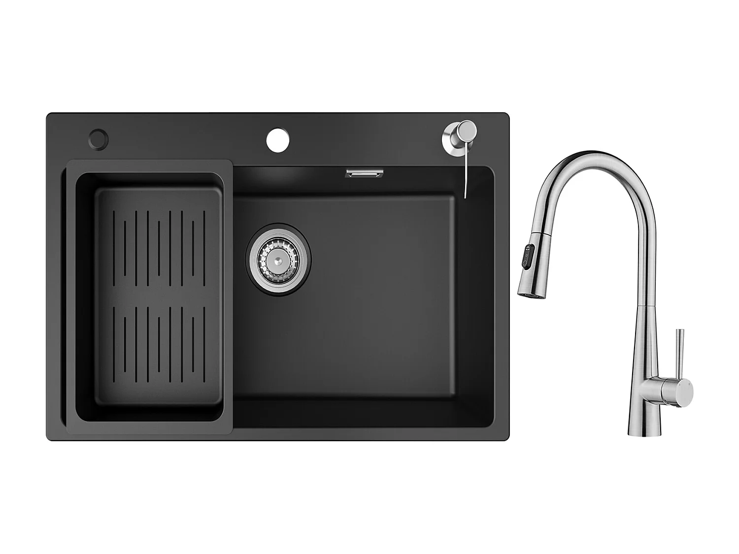 Cecipa max Evier 70x45cm en Quartz avec Panier de Vidange et Distributeur de Savon + Mitigeur de Cuisine avec Douchette Extractible, 3 Modes