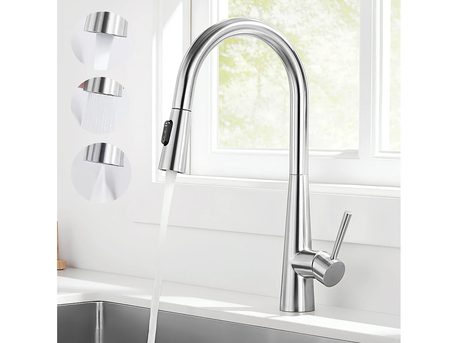 Cecipa max Evier 70x45cm en Quartz avec Panier de Vidange et Distributeur de Savon + Mitigeur de Cuisine avec Douchette Extractible, 3 Modes