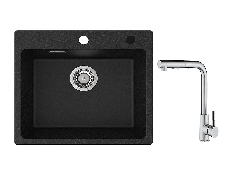 Cecipa max Evier Quartz Noir 50x45cm Evier 1 Bac en Quartz Evier Cuisine en Granit + Mitigeur avec Douchette Extractible - 2 Jets aux Choix - Brossé