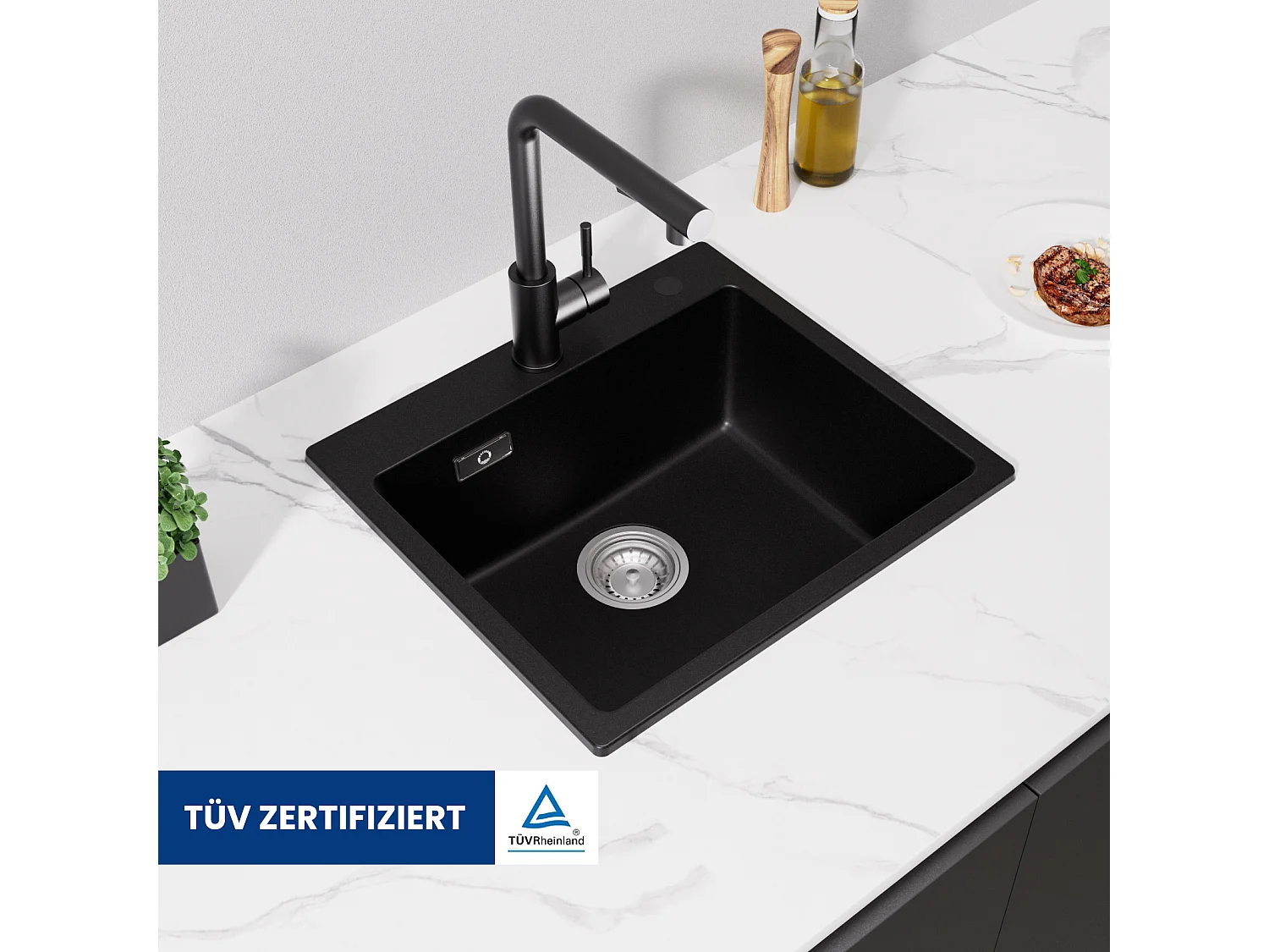Cecipa max Evier Quartz Noir 50x45cm Evier 1 Bac en Quartz Evier Cuisine en Granit + Mitigeur avec Douchette Extractible - 2 Jets aux Choix - Brossé