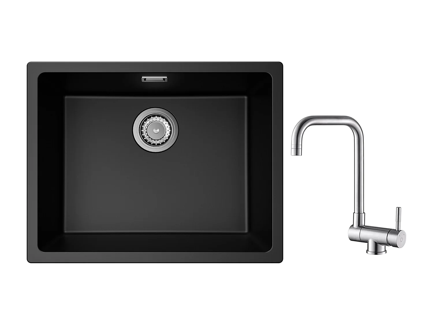 CECIPA MAX Einzelbecken aus Quarz- und Kunstharzspüle, Schwarzgrau, 55 x 44 x 20 cm + klappbarer Küchenhahn, gebürstet, klappbare Spültisch-Mischbatterie