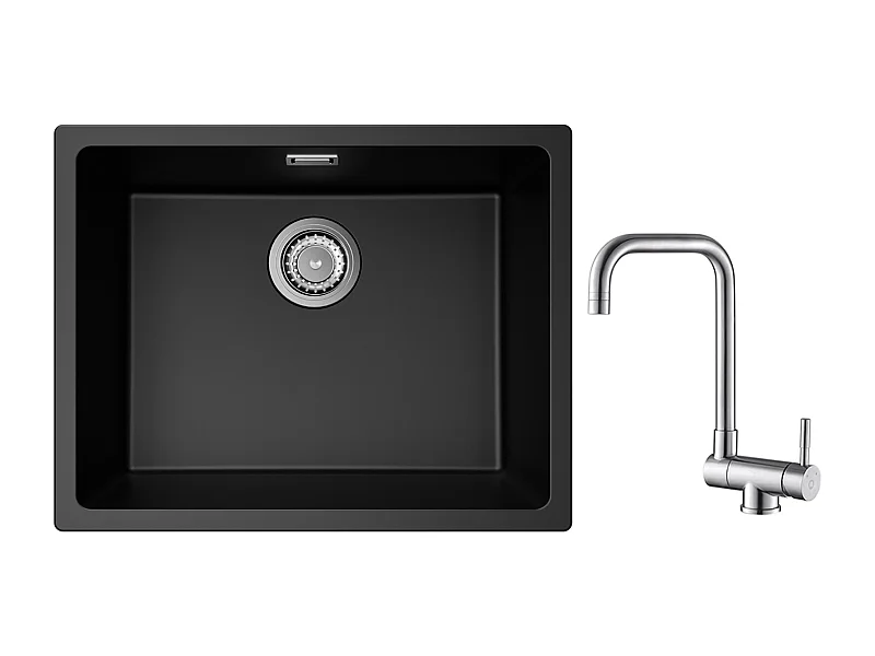 CECIPA MAX Evier 1 Bac en Quartz et Résine Noir Gris 55*44*20cm + Robinet Cuisine Rabattable Mitigeur de Evier Repliable Brossé