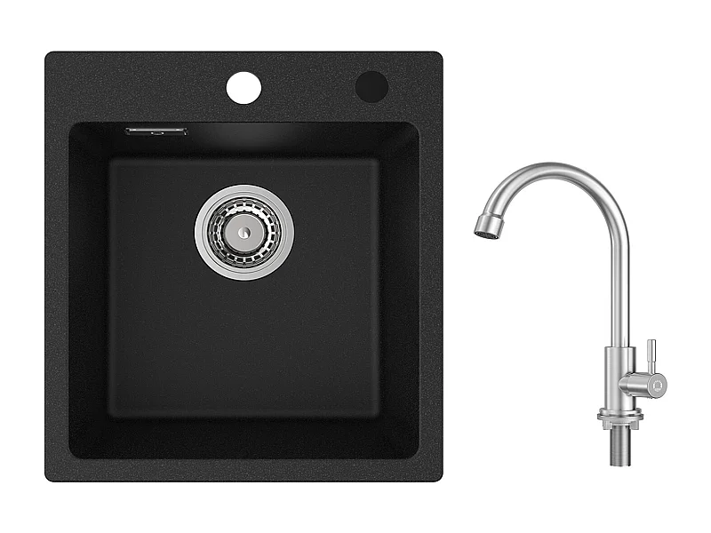 Cecipa MAX 40x45cm Noir Evier de Cuisine en Quartz et Résine Evier 1 Bac + Robinet de Cuisine à eau Froide,Brossé