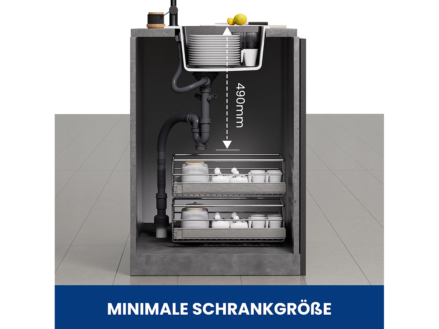 Cecipa MAX 40x45cm Noir Evier de Cuisine en Quartz et Résine Evier 1 Bac + Robinet de Cuisine à eau Froide,Brossé