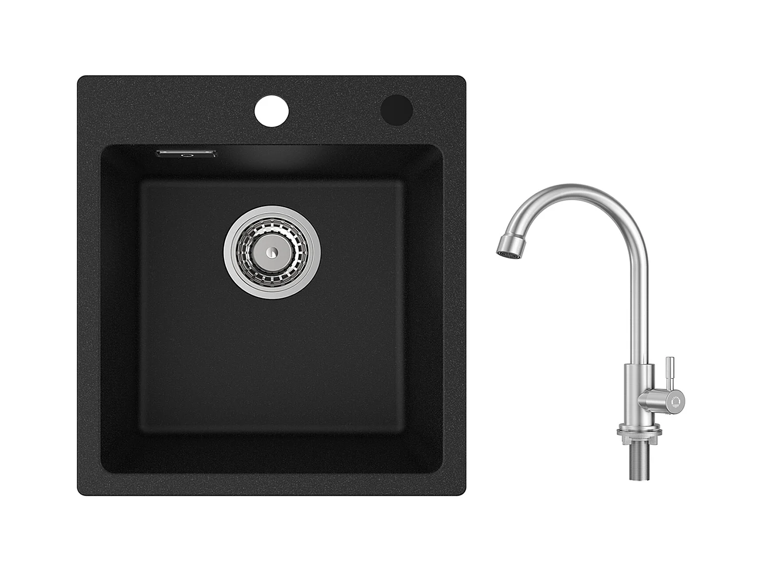 Lavello da Cucina Cecipa MAX 40x45 cm Nero in Quarzo e Resina Lavello a 1 Vasca + Rubinetto da Cucina Acqua Fredda, Spazzolato