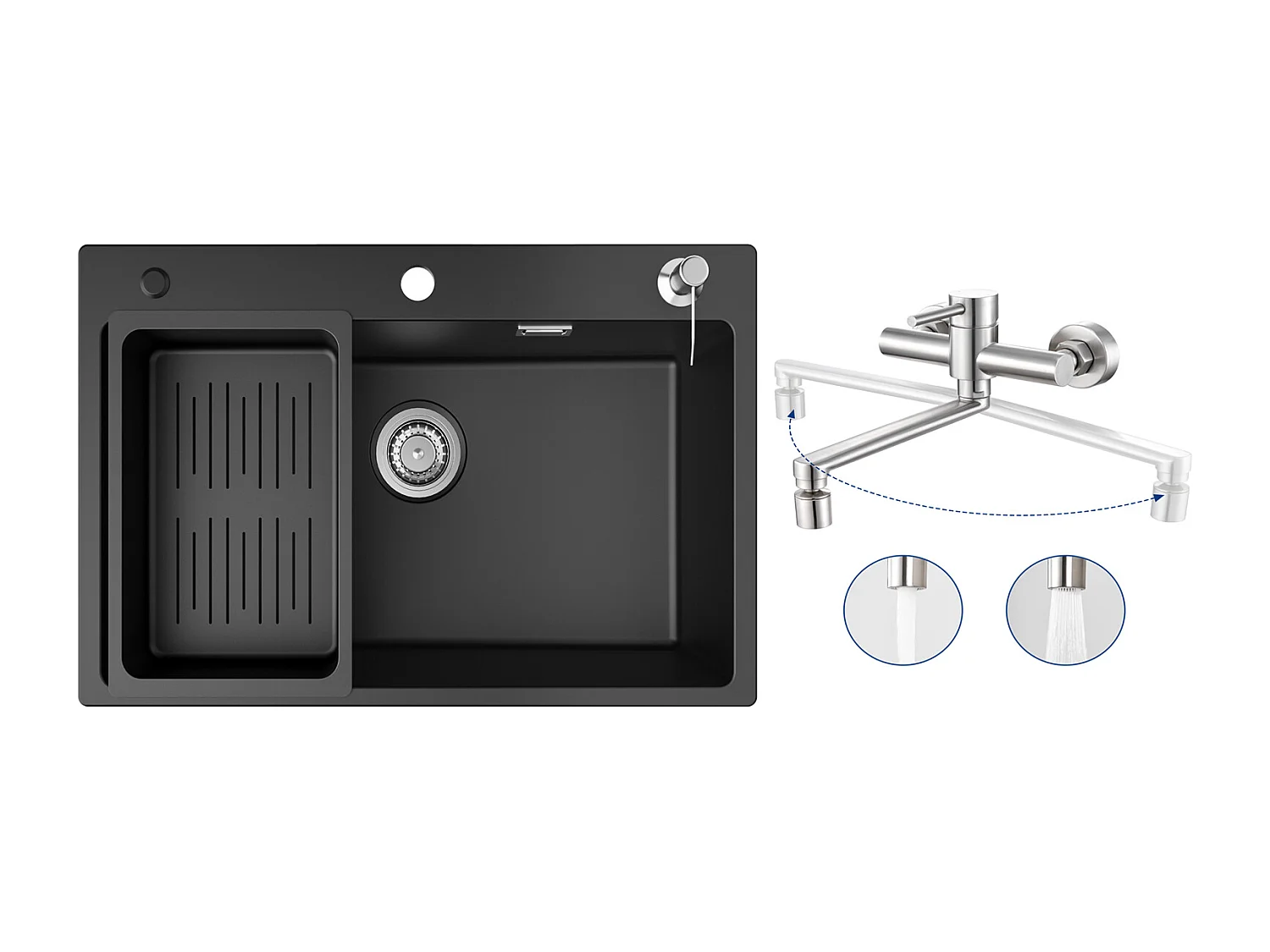 Evier 1 Bac 70x45 cm Noir Evier en Quartz et Résine avec Panier de Vidange et Distributeur de Savon + Mitigeur de Cuisine Mural avec 2 Jets Brossé