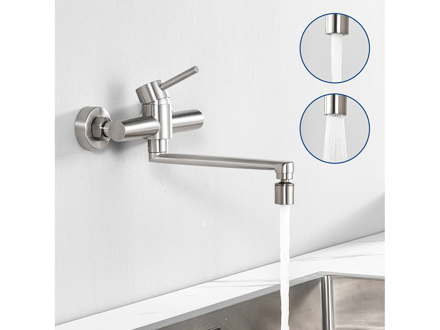 Evier 1 Bac 70x45 cm Noir Evier en Quartz et Résine avec Panier de Vidange et Distributeur de Savon + Mitigeur de Cuisine Mural avec 2 Jets Brossé