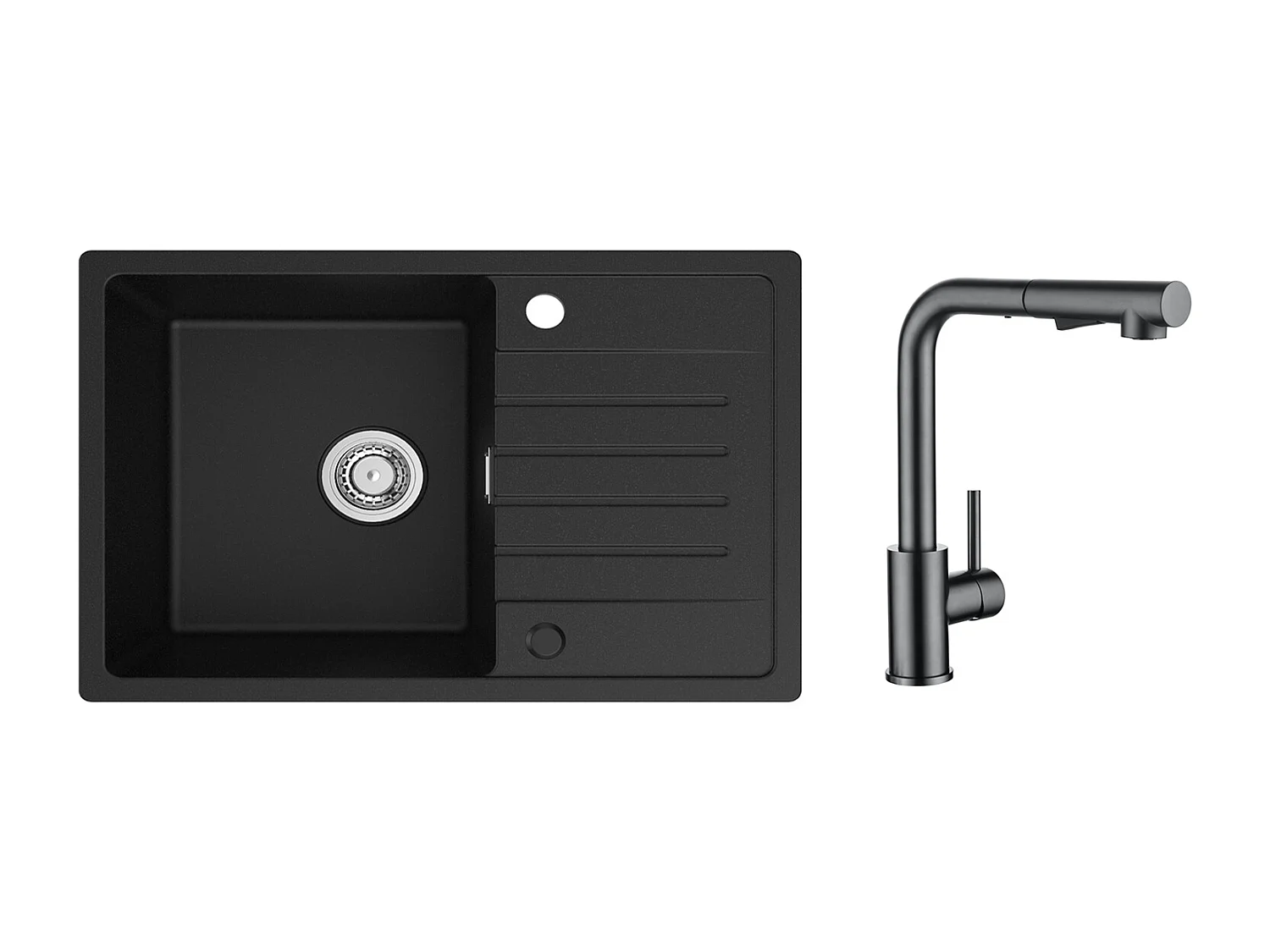 Evier 1 Bac en Quartz et Résine - Noir Evier avec Egouttoir 78x45cm + Mitigeur Cuisine Avec Douchette Extractible