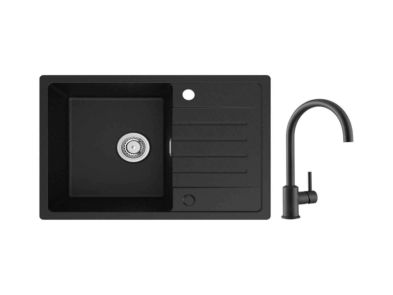 Evier 1 Bac en Quartz et Résine - Noir Evier avec Egouttoir 78x45cm + Mitigeur de Cuisine en Inox Noir