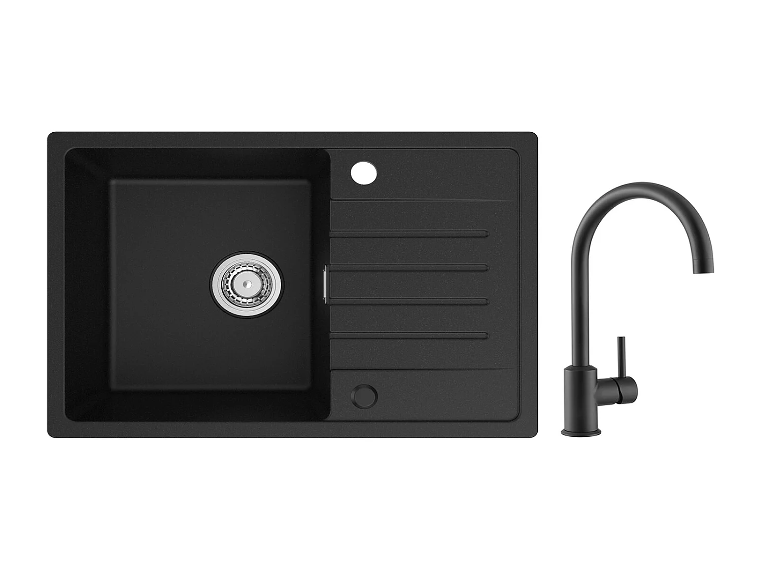 Evier 1 Bac en Quartz et Résine - Noir Evier avec Egouttoir 78x45cm + Mitigeur de Cuisine en Inox Noir