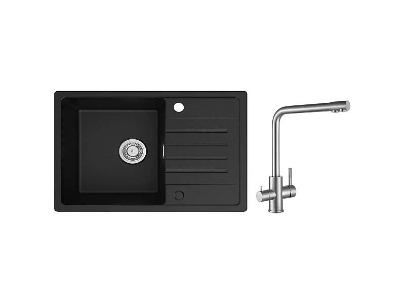 Einzelspüle aus Quarz und Kunstharz – Schwarze Spüle mit Abtropffläche 78 x 45 cm + Küchenmixer für Osmosesystem