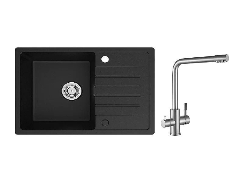 Evier 1 Bac en Quartz et Résine - Noir Evier avec Egouttoir 78x45cm + Mitigeur Cuisine pour Sstème D'osmose