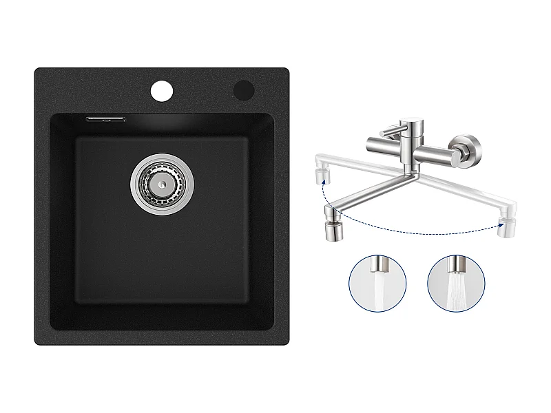 Cecipa MAX Küchenspüle aus schwarzem Quarz und Kunstharz, 40 x 45 cm, 1 Becken + wandmontierte Küchenmischbatterie mit 2 gebürsteten Düsen