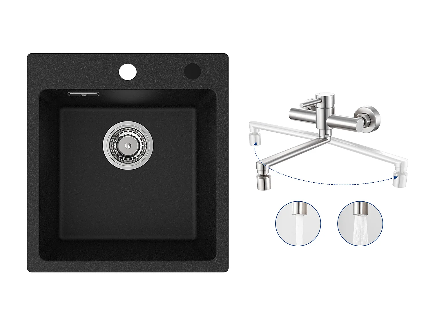 Cecipa MAX 40x45cm Noir Evier de Cuisine en Quartz et Résine Evier 1 Bac + Mitigeur de Cuisine Mural avec 2 Jets Brossé