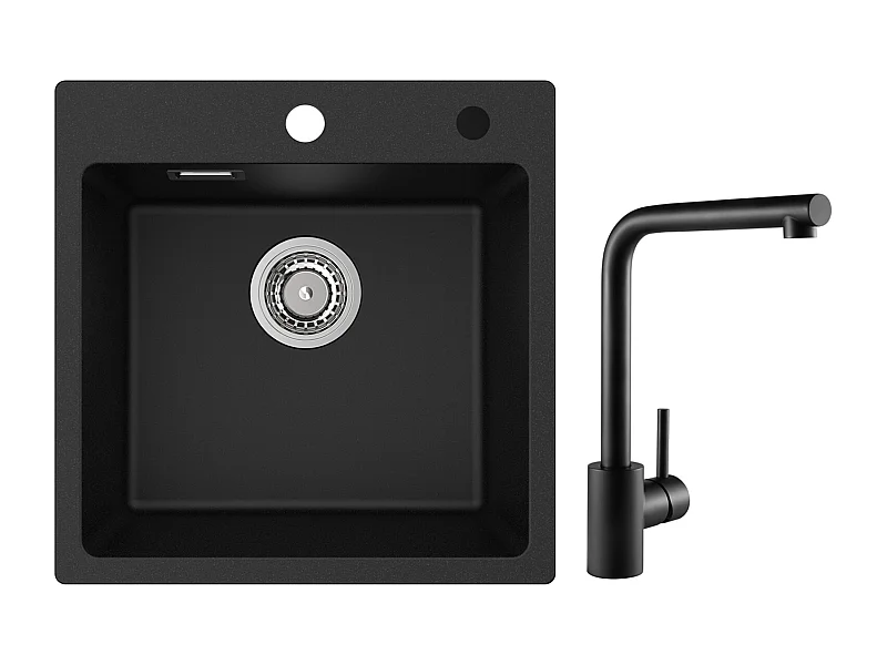 Cecipa MAX spoelbak 1 bak in kwarts en zwarte hars 45x45cm inbouwspoelbak + 360° draaibare zwarte spoelbakmengkraan