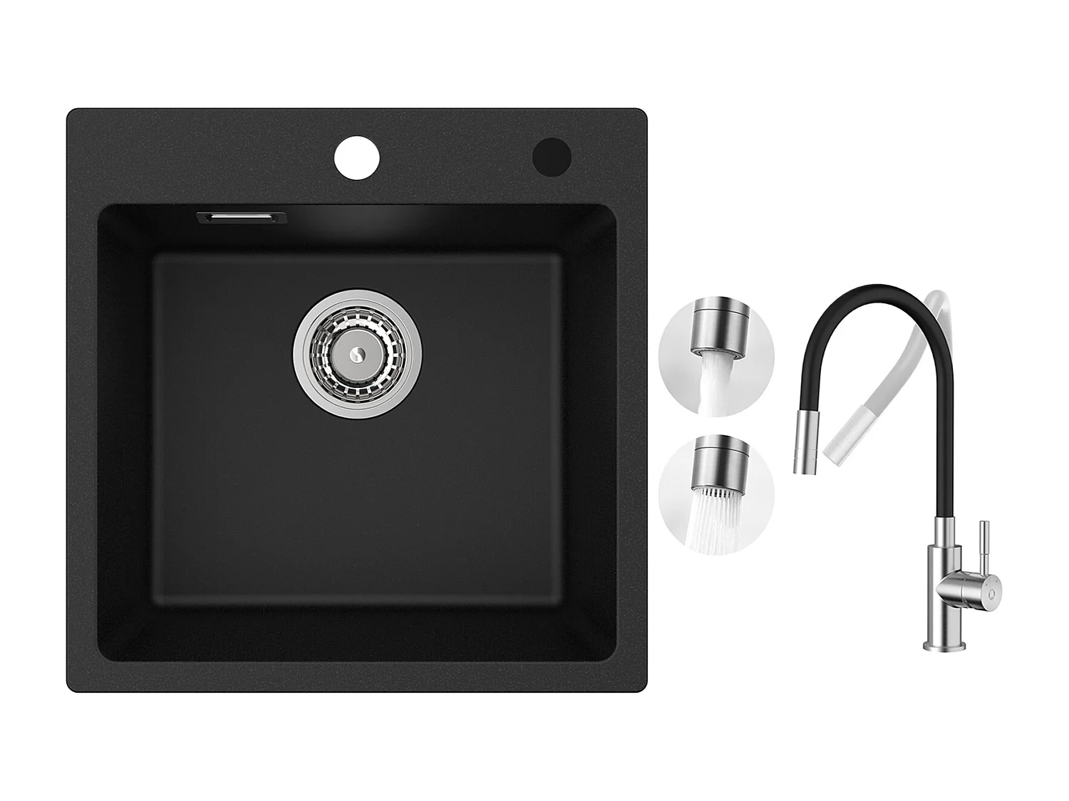 CECIPA MAX Evier Quartz Noir 45x45 cm Evier 1 Bac en Quartz et Résine + Flexible Mitigeur de Cuisine, 2 Types de Jets  Robinet Extractible Brossé