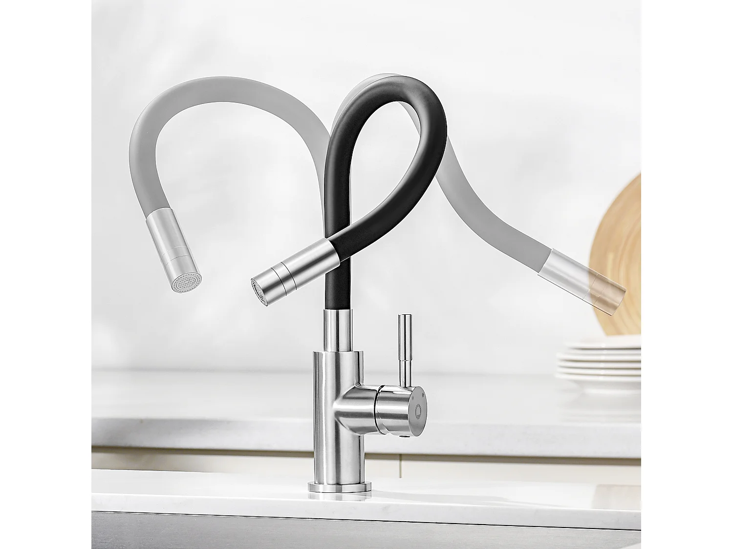 CECIPA MAX Evier Quartz Noir 45x45 cm Evier 1 Bac en Quartz et Résine + Flexible Mitigeur de Cuisine, 2 Types de Jets  Robinet Extractible Brossé