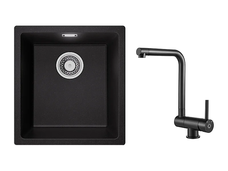 Fregadero de 1 cubeta de cuarzo y resina, 3 opciones de montaje, 40*44*20cm + Mezclador de cocina plegable negro