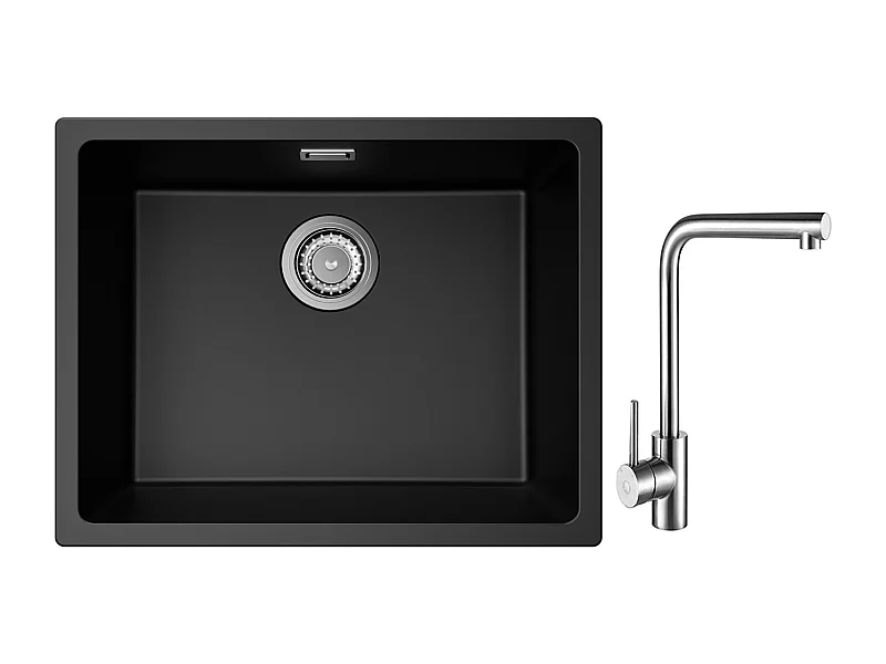 Evier 1 Bac en Quartz et Résine, 3 Options de Montage, 55*44*20cm + Mitigeur de Evier Rrotatif à 360 ° Brossé