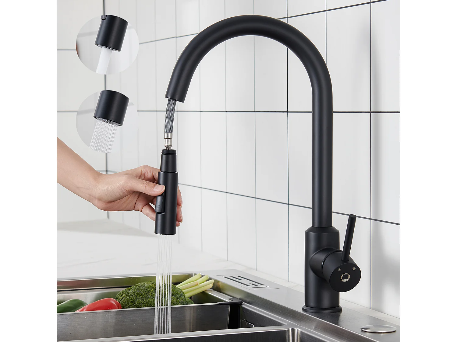 Cecipa max 40x45cm keukenspoelbak in kwarts en hars quartz spoelbak 1 bak zwart + keukenmengkraan met 360° draaibare uittrekbare spray zwart