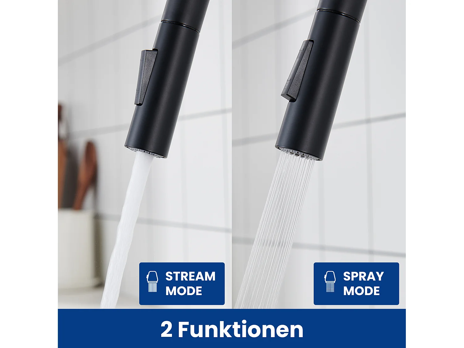 Cecipa max 40x45cm keukenspoelbak in kwarts en hars quartz spoelbak 1 bak zwart + keukenmengkraan met 360° draaibare uittrekbare spray zwart